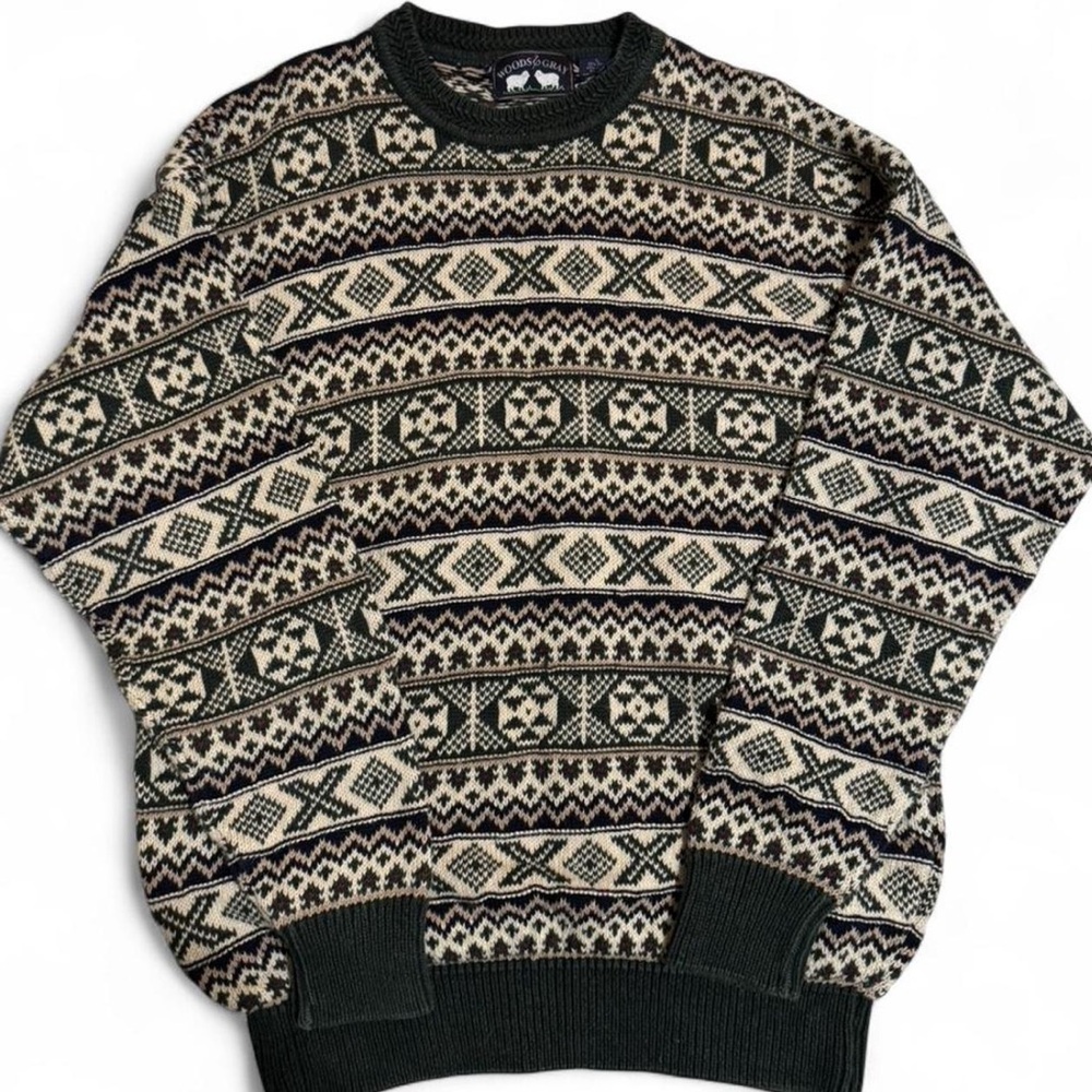 Men's Patterned Sweater Green and Cream